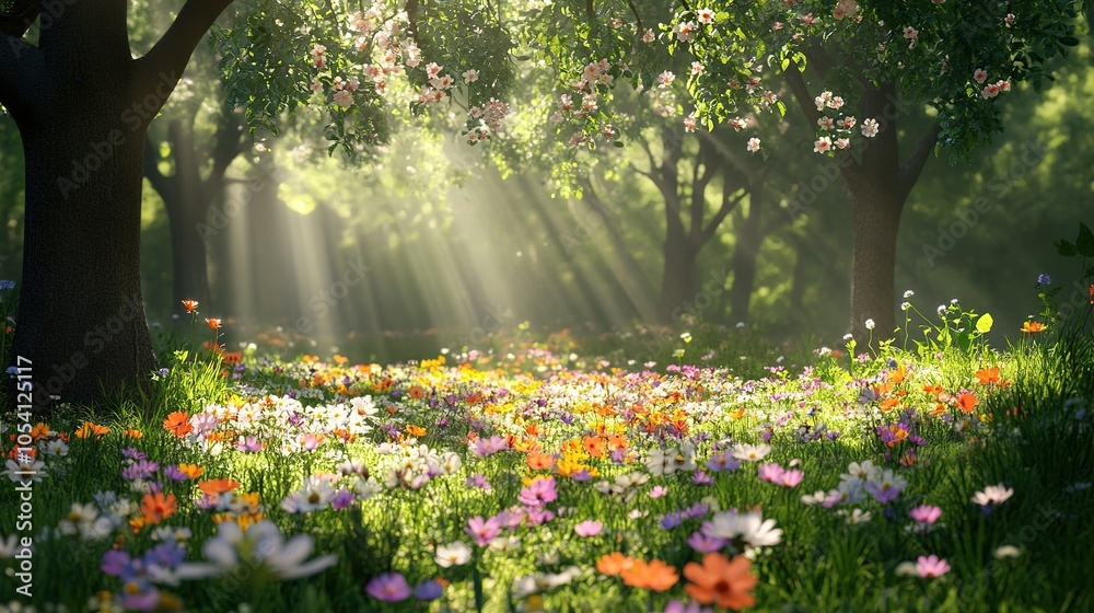 Fototapeta premium A tranquil forest glade with sunlight filtering through the tree canopy, illuminating a carpet of wildflowers