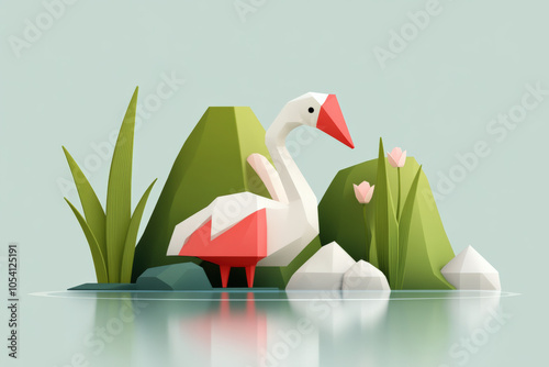 serene scene featuring stylized swan surrounded by geometric greenery and flowers, evoking sense of tranquility and new beginnings photo