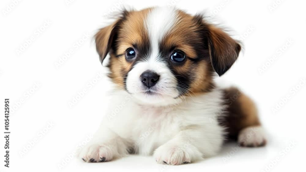 A small puppy with fluffy brown and white fur lies on a studio light background, displaying adorable features and expressive eyes A small puppy with fluffy brown and white fur lies on a studio light background, displaying adorable features and expressive eyes