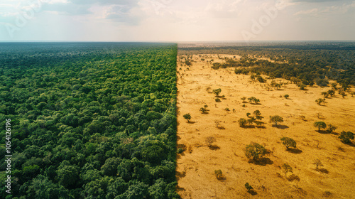 Lush green rainforest transitioning to dry savannah landscape showcasing environmental change and deforestation effects in vivid contrast