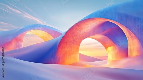 Surreal pastel landscape with geometric shapes futuristic arches and abstract desert dunes under blue sky photo