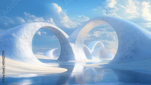 Surreal abstract landscape with pastel desert dunes futuristic shapes arches and a blue sky photo