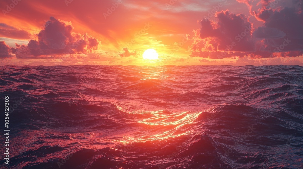 Sunset Over a Wavy Ocean with Red and Orange Sky Sunset Over a Wavy Ocean with Red and Orange Sky
