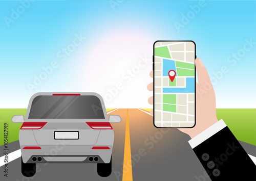 Man Using Map Application or GPS Navigation System on Smart Phone. Vector Illustration.