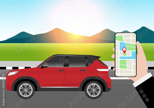 Man Using Map Application or GPS Navigation System on Smart Phone. Vector Illustration.
