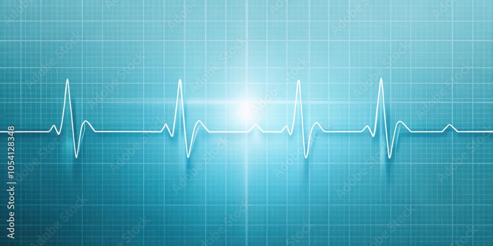 A white electrocardiogram line on a blue grid background with a glow in the center A white electrocardiogram line on a blue grid background with a glow in the center