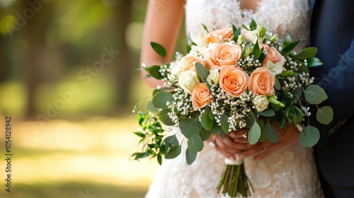 Bride holding a beautiful bouquet of roses and greenery, soft focus background.
