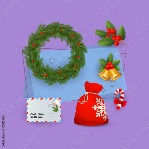 Set of Christmas symbols cartoon illustration. Wreath, mistletoe, jingle bells, candy cane, sack, letter. Christmas concept. Vector illustration can be used for topics like holiday, celebration, event