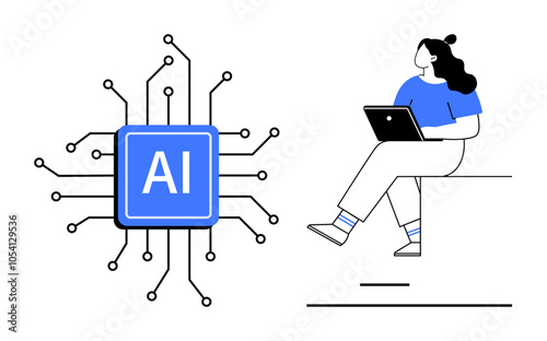 Woman with laptop sitting on edge next to AI microchip. Ideal for tech, AI, future, education, innovation, online learning, digital transformation. Line metaphor