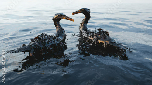 Two oil-covered birds swimming in calm waters, highlighting the impact of pollution on wildlife and ecosystems