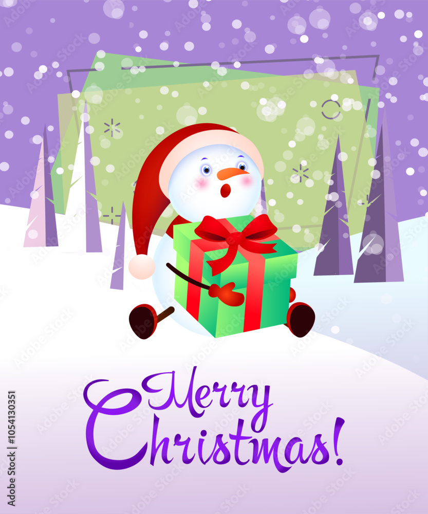 Wishing Merry Christmas and Happy New Year snowman with gift banner design. Creative calligraphy with cartoon character of snowman with gift. Snowy trees on background. Can be used for posters, banne Wishing Merry Christmas and Happy New Year snowman with gift banner design. Creative calligraphy with cartoon character of snowman with gift. Snowy trees on background. Can be used for posters, banne