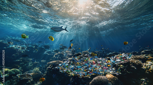 Underwater scene depicting vibrant marine life amidst a coral reef polluted with plastic waste and debris illuminated by sunlight