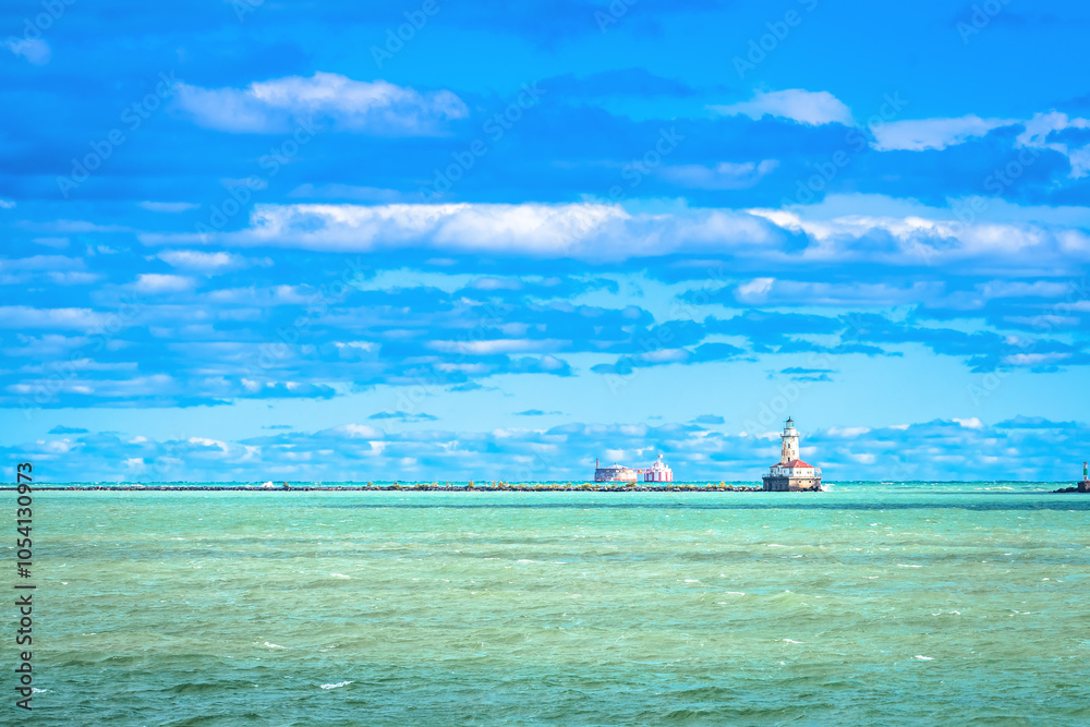 Fototapeta premium Michigan lake and Chicago Harbor Lighthouse view