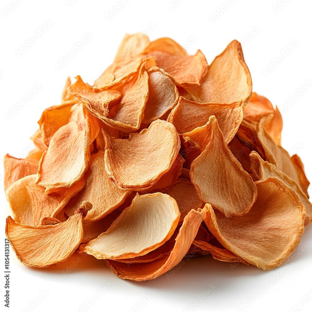 Dehydrated Onion Flakes in Soft Lighting with White Background Dehydrated Onion Flakes in Soft Lighting with White Background