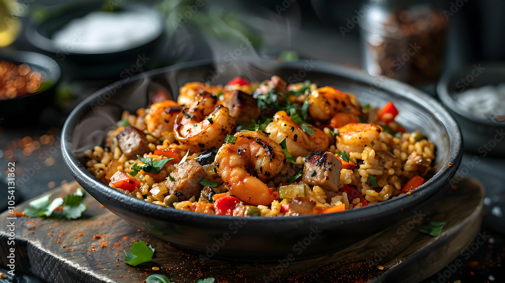 Steaming bowl of shrimp and rice with vegetables. Steaming bowl of shrimp and rice with vegetables.