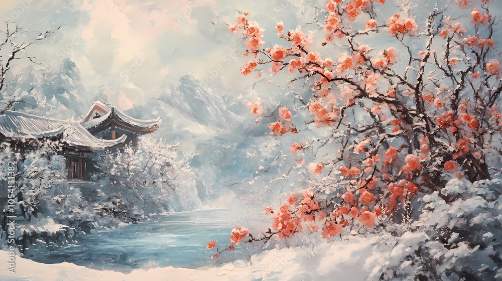 Fototapeta premium Serene Floral Scene with Snowy Landscape and Architecture
