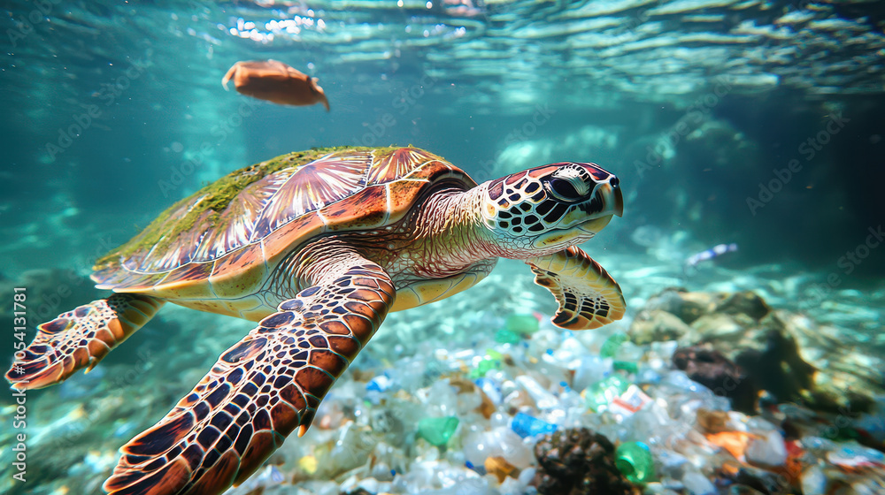 Obraz premium Green sea turtle swimming gracefully in clear water, surrounded by plastic debris illustrating ocean pollution issues