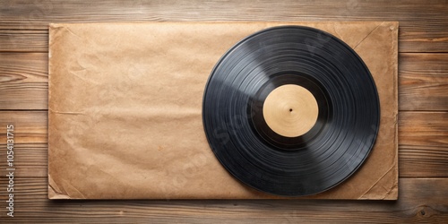 A vintage vinyl record on a brown paper background, resting on a wooden surface, ready to be enjoyed