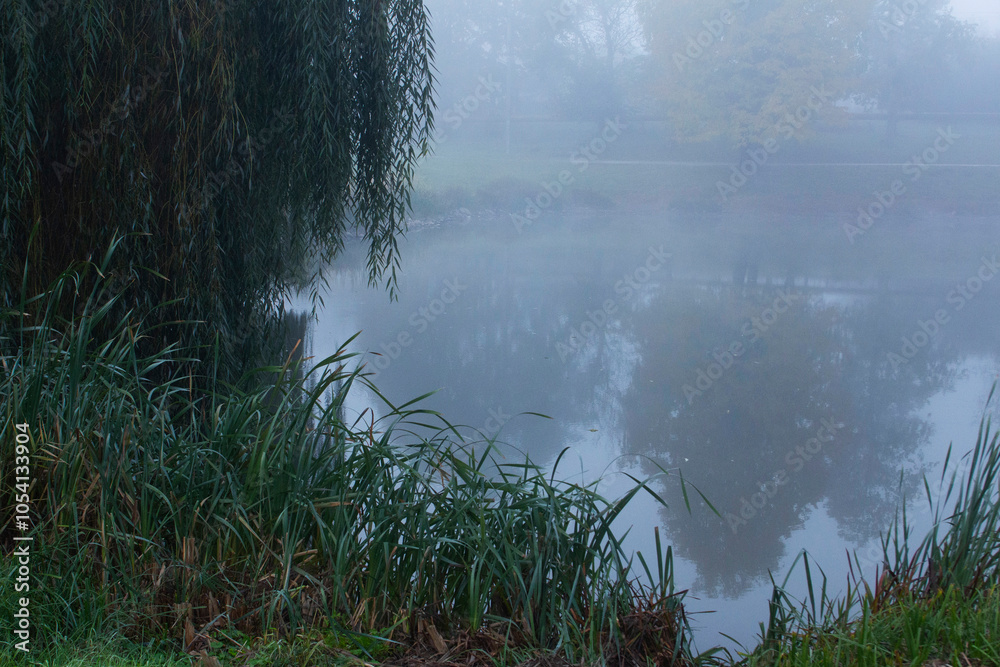Autumn in Moldova, foggy landscape in the park. Thick fog early in the morning on the lake shore.