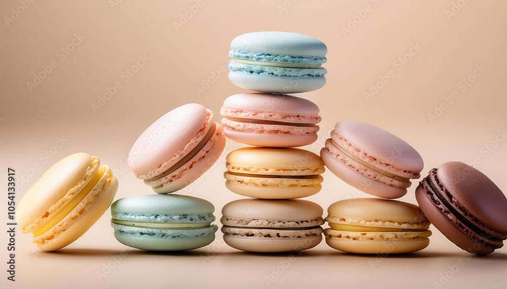 Fototapeta premium Close-Up of Pastel French Macarons Aligned in a Row on a Warm Beige Background. Perfect for Confectionery Advertising, Bakery Product Showcases, and Elegant Dessert Themed Design Projects