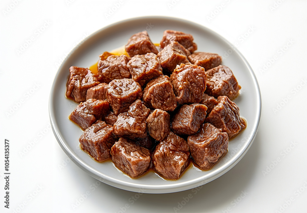 Mouthwatering Cooked Bison Meat Served on White Plate in Studio Setting Mouthwatering Cooked Bison Meat Served on White Plate in Studio Setting