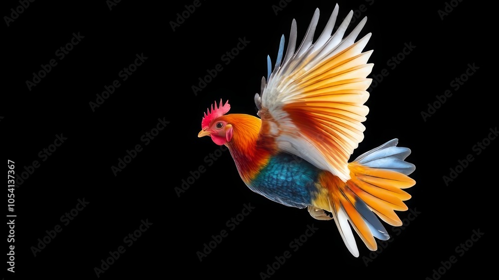 Fototapeta premium A colorful rooster with red wattle and comb is in mid-flight with its wings spread wide against a black background.