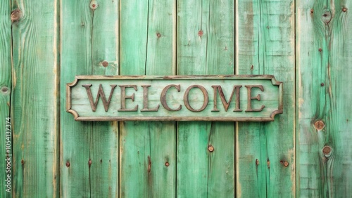 A Rustic Wooden Welcome Sign Hanging on Weathered Green Planks