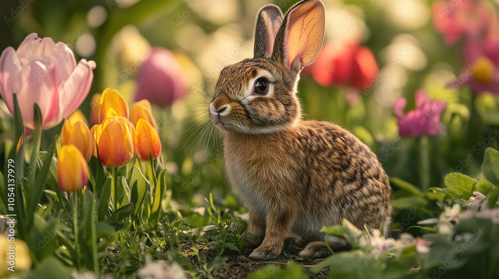 Fototapeta premium A young rabbit exploring a garden full of blooming flowers