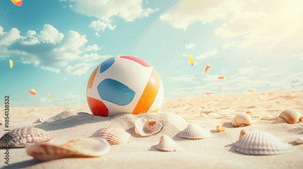 Obraz premium A colorful beach ball sits on the sand with seashells scattered around it. The sky is a vibrant blue with white clouds and there are colorful kites in the air.