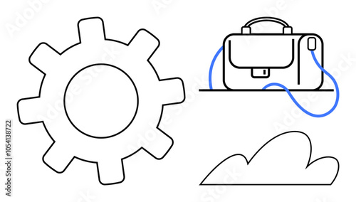 Gear wheel, briefcase, and cloud in minimalist style. Ideal for business concepts, technology connectivity, organization, cloud computing, teamwork innovation, productivity. Line metaphor