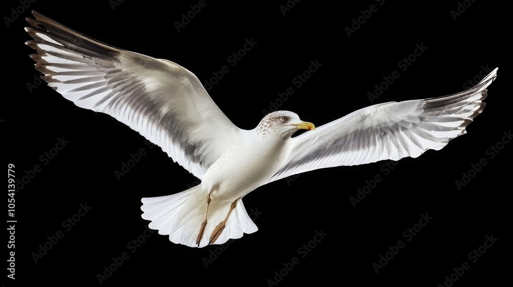 Fototapeta premium A seagull in flight against a black background.