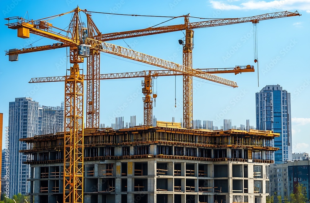 Fototapeta premium Multiple Tower Cranes Overseeing Construction Site with High-Rise Buildings in Urban Area : Generative AI