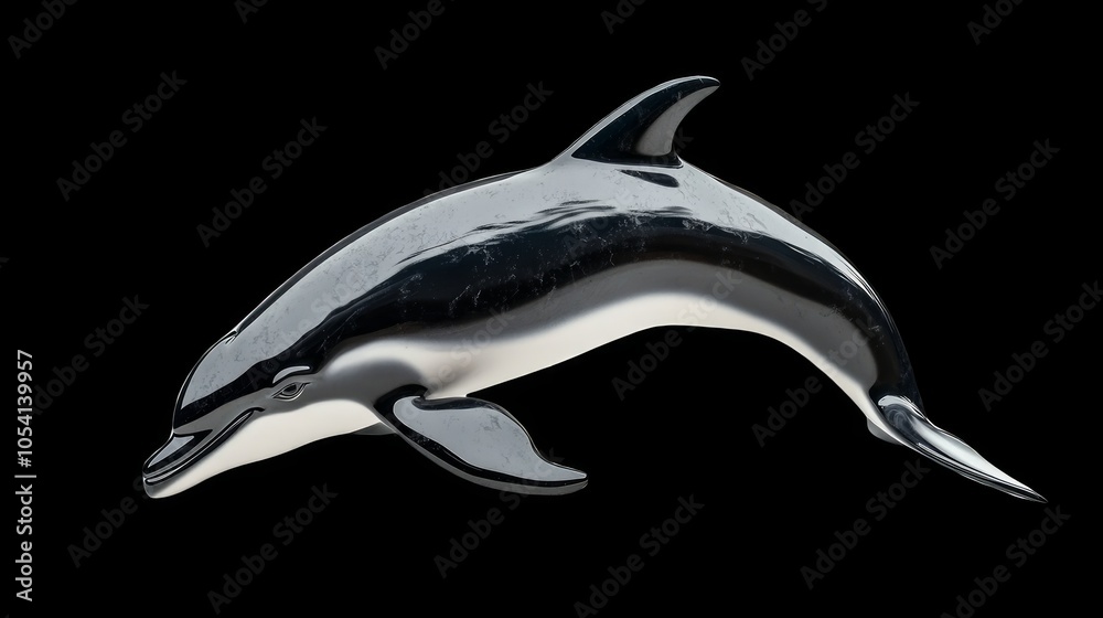 Fototapeta premium A silver dolphin leaps out of the water against a black background.