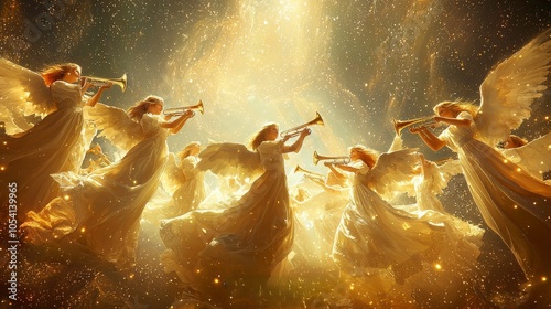 Heavenly angels playing trumpets in golden light