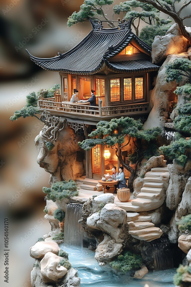 Fototapeta premium Charming Chinese Cliffside Tea House with Miniature Waterfalls and Bonsai Trees : Generative AI