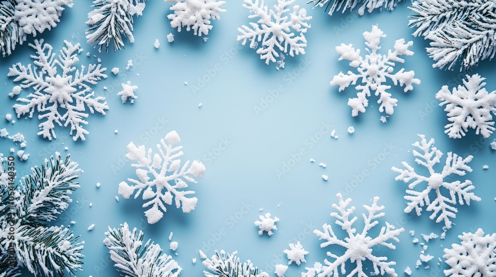 Snowflakes and frosted pine branches on blue background Snowflakes and frosted pine branches on blue background