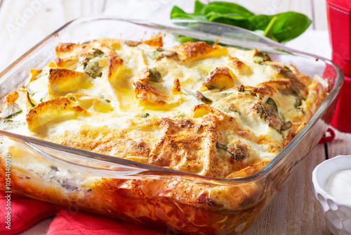 Traditional Bulgarian or Balkan pie banitsa made from filo dough, cream cheese and spinach. photo