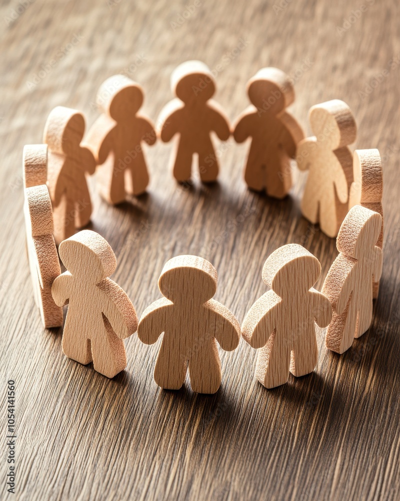 A circle of wooden figures symbolizes unity and collaboration, set against a wooden background.