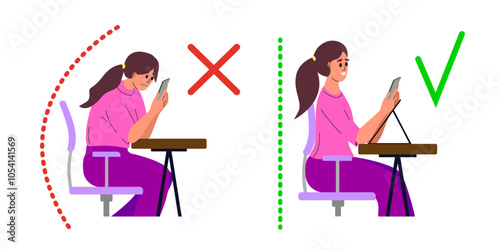 Correct good position vs bad incorrect posture for holding and talking with PHONE. Right and wrong back, neck and legs poses of girl at desk. Vector