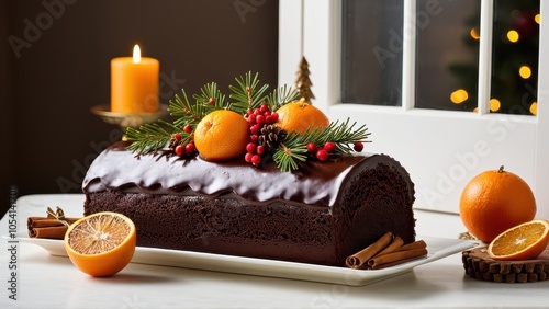 A chocolate yule log cake adorned with oranges, pine sprigs, and berries sits on a table near a candle, evoking a cozy holiday atmosphere.