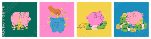 Piggy bank illustration. Savings and reserve fund concept. Money box, golden coins and cash banknots. Vector cartoon illustration