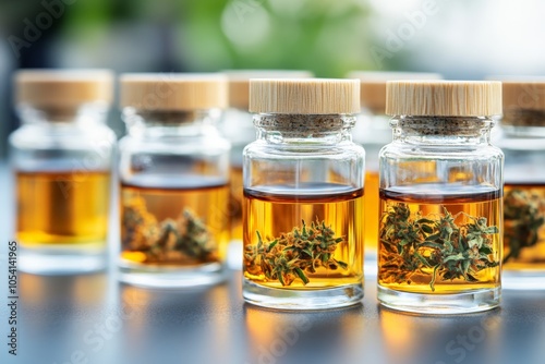 Close up of hemp seeds and hemp oil in glass containers on a wooden table symbolizing the power of natural health plant based remedies and the nutritional benefits of hemp in holistic wellness photo