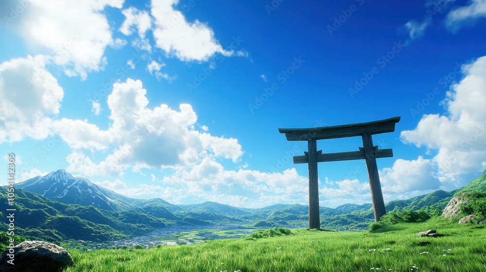A serene landscape featuring a traditional torii gate against a vibrant blue sky and lush green hills, symbolizing a spiritual entrance to nature. A serene landscape featuring a traditional torii gate against a vibrant blue sky and lush green hills, symbolizing a spiritual entrance to nature.