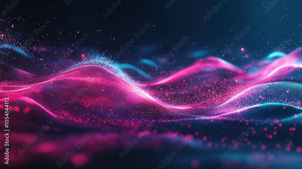 Abstract wavy lines of pink and blue light with particles on dark background. Abstract wavy lines of pink and blue light with particles on dark background.