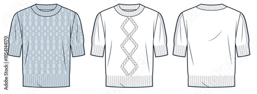 Sweater technical fashion illustration. Pigtails Jumper fashion flat technical drawing template, relaxed fit, round neck, short sleeve, front back view, white, blue, women, men, unisex CAD mockup set.