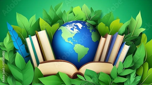 Books and Globe Surrounded by Lush Green Leaves Representing Eco Friendly Education Concept : Generative AI photo