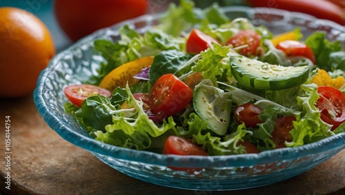 A fresh and vibrant salad featuring crisp lettuce, sliced tomatoes, and purple onions, beautifully arranged in a glass bowl. The bright colors and natural ingredients create an appetizing, healthy dis