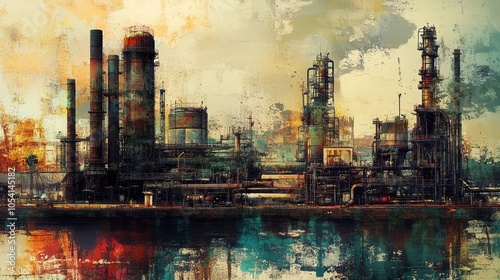 Abstract depiction of an industrial landscape with factories and reflections on water. photo