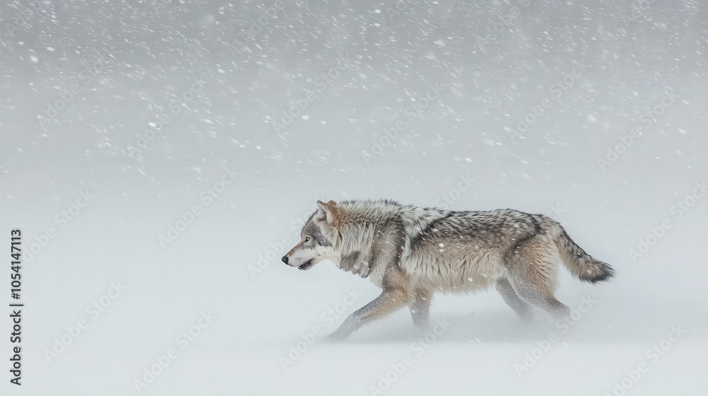 Obraz premium A lone wolf walks through a snowy field during a blizzard.