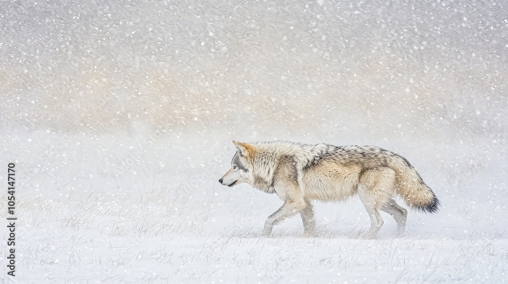 Fototapeta premium A lone wolf walks through a snowy field, with the falling snow creating a blurred background.